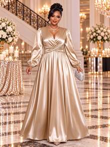 Fleurora Plus Size Women Solid Color V-Neck Lantern Sleeve Ruched Waist Elegant Dress Christmas - Apricot - View 1