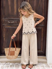 SHEIN Tween Girls 2pcs/Set Spring/Summer New Casual Commute Woven Slub Linen Bow Decor V-Neck Sleeveless Hollow-Out Burnout Loose Tank Top And - Khaki - View 12