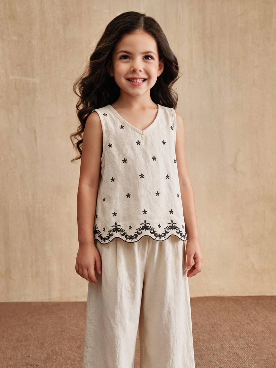 SHEIN Tween Girls 2pcs/Set Spring/Summer New Casual Commute Woven Slub Linen Bow Decor V-Neck Sleeveless Hollow-Out Burnout Loose Tank Top And - Khaki - View 1