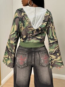 BamGleam 女款龐克街頭休閒風迷彩印花短版運動衫，深綠色，適合日常通勤與外出，秋季款，含角質環飾，萬聖節風格 - 軍綠色 - 查看 2