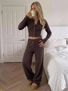 CovetEZ Women's Solid Color Long Sleeve Single-Breasted Knit Cardigan And Knit Pants Casual 2 Pieces Set - Brown - View 9