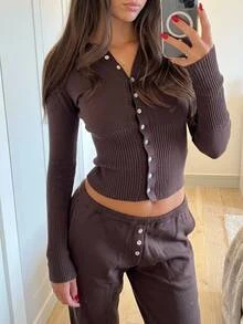 CovetEZ Women's Solid Color Long Sleeve Single-Breasted Knit Cardigan And Knit Pants Casual 2 Pieces Set - Brown - View 3