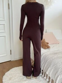 CovetEZ Women's Solid Color Long Sleeve Single-Breasted Knit Cardigan And Knit Pants Casual 2 Pieces Set - Brown - View 2