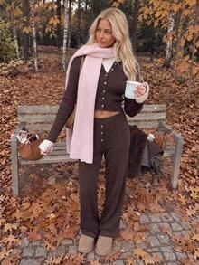 CovetEZ Women's Solid Color Long Sleeve Single-Breasted Knit Cardigan And Knit Pants Casual 2 Pieces Set - Brown - View 6