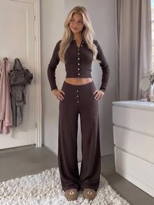 CovetEZ Women's Solid Color Long Sleeve Single-Breasted Knit Cardigan And Knit Pants Casual 2 Pieces Set - Brown - View 5