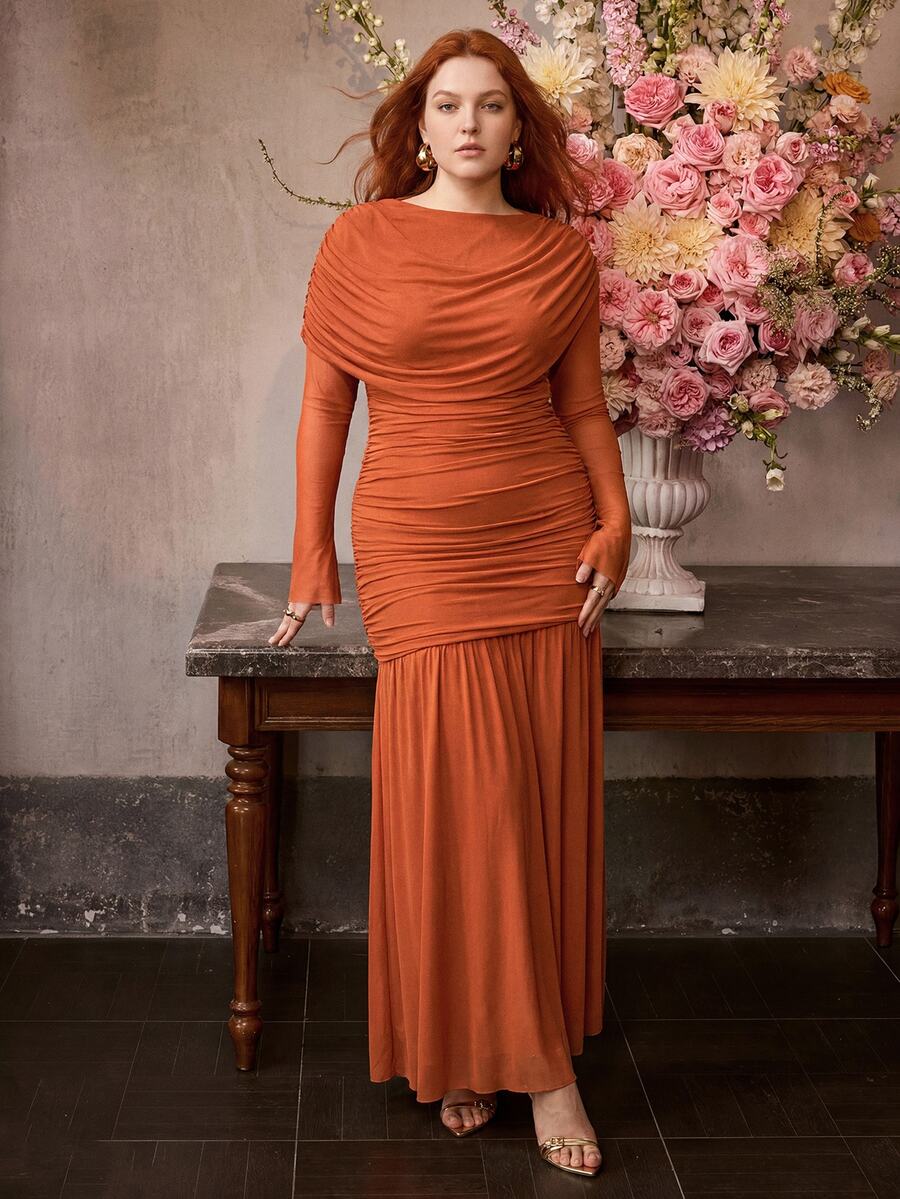 MOTF PREMIUM ELEGANT PLUS WOMEN'S LONG SLEEVE LANTERN SLEEVE MAXI PARTY GOWN FOR EVENING GALAS, FORMAL PARTIES - Burnt Orange - View 2