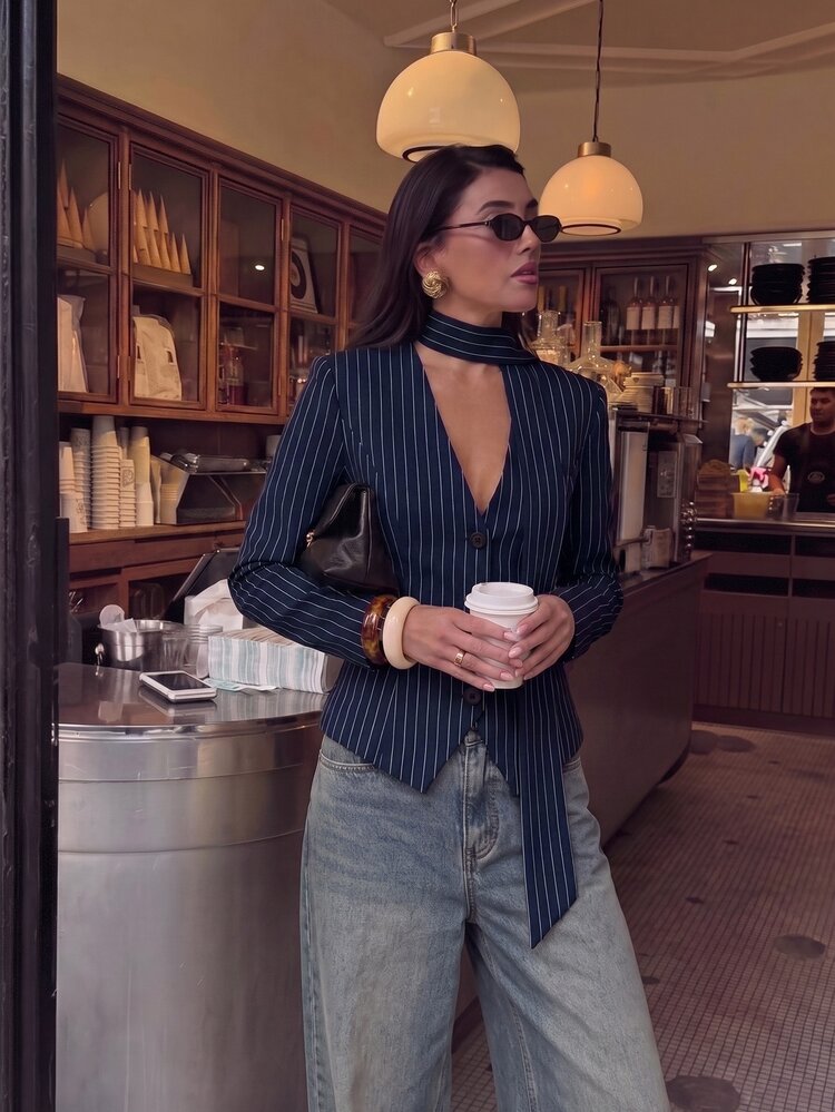 Lumalex Women's Casual Commuter Striped Waist Fitted Blazer Jacket,Casual Commuter Office Going Out Tops, Casual Blouses,Elegant Women's Blouses,Work Outfits - Navy Blue - View 6