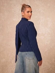 Lumalex 女款休閒通勤條紋收腰修身西裝外套，休閒通勤辦公外穿上衣，休閒女襯衫，優雅女襯衫，職場穿搭 - 藏蓝色 - 查看 12