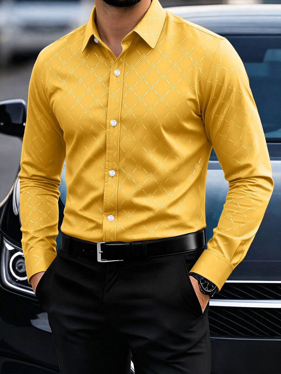 Calvornis Men Button Down Long Sleeve Slim Fit Business Formal Dress Shirt, Business Casual Shirt For Wedding, Fall, Ceremony - Yellow - View 1