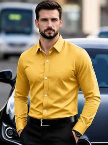 Calvornis Men Button Down Long Sleeve Slim Fit Business Formal Dress Shirt, Business Casual Shirt For Wedding, Fall, Ceremony - Yellow - View 3