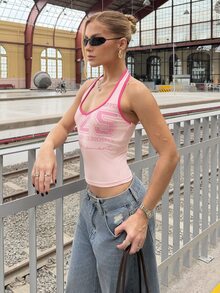 BiaLiraa Women's Casual Letter & Number Print Contrast Trim Halter Top - Pink - View 5