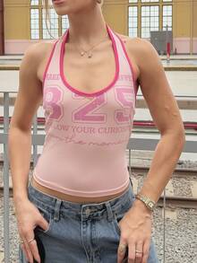 BiaLiraa Women's Casual Letter & Number Print Contrast Trim Halter Top - Pink - View 6