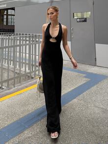 BiaLiraa Women's Sexy Street Style Deep V Eyelet Decor Halter Jumpsuit, Black - Black - View 4