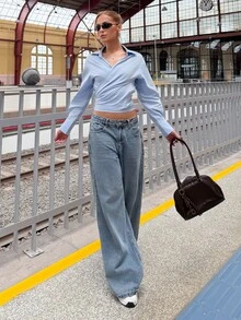 BiaLiraa 女士宽松斜领系带长袖休闲夏季衬衫 - 藍色 - 查看 3