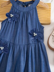 SHEIN Girls' Navy Blue 3D Floral Sleeveless Loose Dress, Suitable For Casual Outings, Commuting, And Gathering With Friends Elegant Summer - Blue - View 7