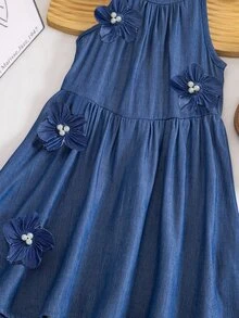 SHEIN Girls' Navy Blue 3D Floral Sleeveless Loose Dress, Suitable For Casual Outings, Commuting, And Gathering With Friends Elegant Summer - Blue - View 8