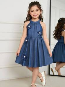 SHEIN Girls' Navy Blue 3D Floral Sleeveless Loose Dress, Suitable For Casual Outings, Commuting, And Gathering With Friends Elegant Summer - Blue - View 4