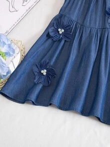 SHEIN Girls' Navy Blue 3D Floral Sleeveless Loose Dress, Suitable For Casual Outings, Commuting, And Gathering With Friends Elegant Summer - Blue - View 9