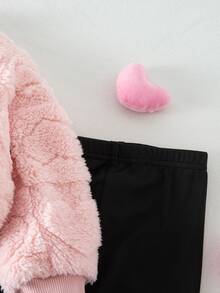 SHEIN Babygirl Cute Pink Heart Fuzzy Sweatshirt & Elastic Waist Pants Set, Autumn/Winter - Multicolor - View 6