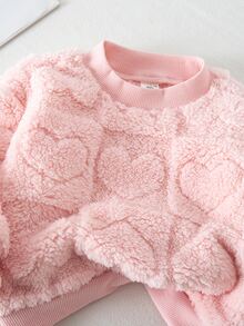 SHEIN Babygirl Cute Pink Heart Fuzzy Sweatshirt & Elastic Waist Pants Set, Autumn/Winter - Multicolor - View 5