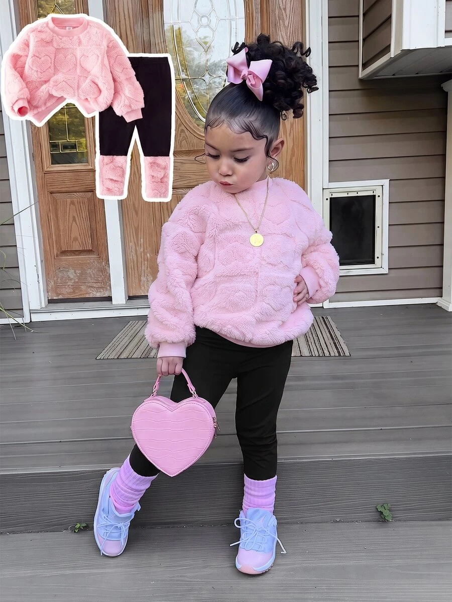 SHEIN Babygirl Cute Pink Heart Fuzzy Sweatshirt & Elastic Waist Pants Set, Autumn/Winter - Multicolor - View 1
