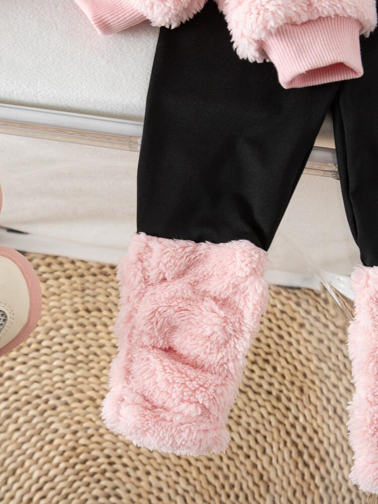 SHEIN Babygirl 可爱粉色心形毛绒运动衫和松紧腰裤套装，秋冬 - 彩色 - 查看 7