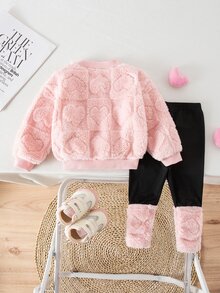 SHEIN Babygirl Cute Pink Heart Fuzzy Sweatshirt & Elastic Waist Pants Set, Autumn/Winter - Multicolor - View 9