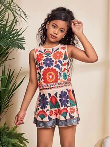 SHEIN Tween Girls Casual Fitted Vacation Beach Tropical Floral Print Crop Top And Printed Shorts Set - Orange - View 3