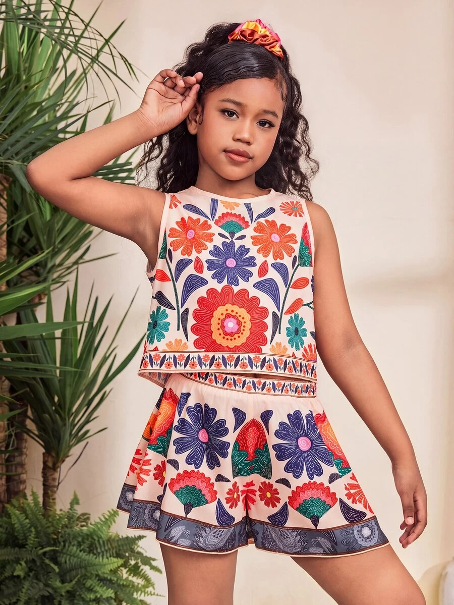SHEIN Tween Girls Casual Fitted Vacation Beach Tropical Floral Print Crop Top And Printed Shorts Set - Orange - View 1