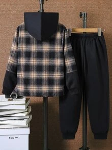 SHEIN 2件組兒童青少年男孩休閒運動學院風格紋拼接連帽外套與黑色長褲套裝，適合通勤、上學、日常穿著、度假、旅行、運動，秋冬款 - 卡其色 - 查看 3