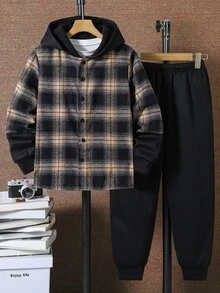 SHEIN 2件組兒童青少年男孩休閒運動學院風格紋拼接連帽外套與黑色長褲套裝，適合通勤、上學、日常穿著、度假、旅行、運動，秋冬款 - 卡其色 - 查看 2