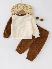 SHEIN 男嬰卡通熊圖案拼色毛絨圓領套頭長袖上衣與長褲2件套，百搭休閒，適合秋冬穿著 - 彩色 - 查看 3