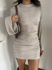 Lucivie Autumn Women's Casual Ribbed Knit Bodycon Mini Dresses Mock Neck Long Flare Sleeve Side Ruched Slim Fit Elegant Sexy Dress For Night Club Party - Apricot - View 8
