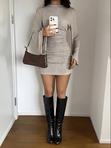 Lucivie Autumn Women's Casual Ribbed Knit Bodycon Mini Dresses Mock Neck Long Flare Sleeve Side Ruched Slim Fit Elegant Sexy Dress For Night Club Party - Apricot - View 9