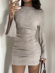 Lucivie Autumn Women's Casual Ribbed Knit Bodycon Mini Dresses Mock Neck Long Flare Sleeve Side Ruched Slim Fit Elegant Sexy Dress For Night Club Party - Apricot - View 7