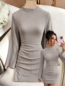 Lucivie Autumn Women's Casual Ribbed Knit Bodycon Mini Dresses Mock Neck Long Flare Sleeve Side Ruched Slim Fit Elegant Sexy Dress For Night Club Party - Apricot - View 5
