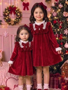 SHEIN Đầm mùa thu dễ thương cho bé gái, tay dài, phối ren tương phản, trang trí nơ - Nhiều màu - Xem 3