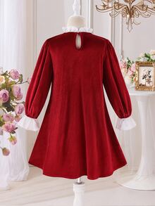 SHEIN Đầm mùa thu dễ thương cho bé gái, tay dài, phối ren tương phản, trang trí nơ - Nhiều màu - Xem 6