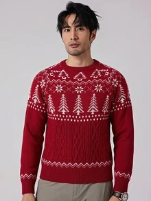 Manfinity Homme 男士圓領寬鬆長袖套頭毛衣，聖誕樹休閒圓領長袖毛衣，紅色情侶家庭穿著，老錢風 - 紅色 - 查看 6