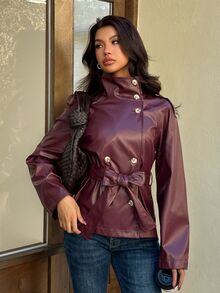 Aloruh 波爾多紅收腰短款風衣女款，適合秋冬，女款冬季外套，冬季保暖外衣，舒適，女款冬季穿搭 - 卡其色 - 查看 5