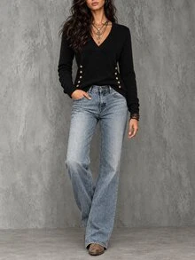 SHEIN LUNE Women's Solid Color V-Neck Long Sleeve Button Design Casual Sweater - Black - View 8