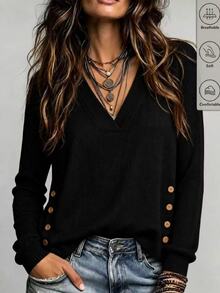 SHEIN LUNE Women's Solid Color V-Neck Long Sleeve Button Design Casual Sweater - Black - View 4
