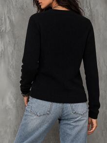 SHEIN LUNE Women's Solid Color V-Neck Long Sleeve Button Design Casual Sweater - Black - View 3