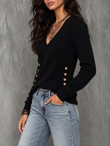 SHEIN LUNE Women's Solid Color V-Neck Long Sleeve Button Design Casual Sweater - Black - View 7