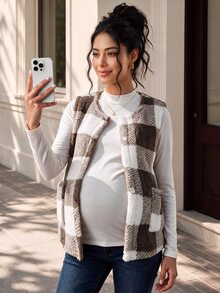 SHEIN 孕婦薄款格紋外套，長袖鈕扣休閒寬鬆夾克大衣，秋冬感恩節外出度假白色 - 棕色 - 查看 5