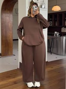 SHEIN CURVE+ Women's 22W Autumn/Winter Thermal Lined Hoodie And Relaxed Sweatpants Set Modest Two Pieces Lounge - Brown - View 9