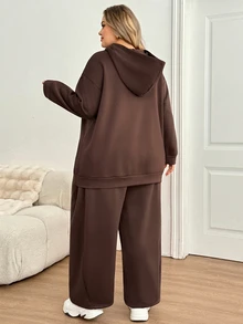 SHEIN CURVE+ Women's 22W Autumn/Winter Thermal Lined Hoodie And Relaxed Sweatpants Set Modest Two Pieces Lounge - Brown - View 2