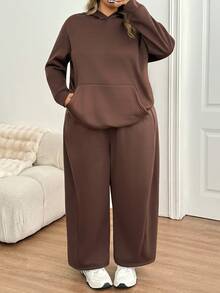 SHEIN CURVE+ Women's 22W Autumn/Winter Thermal Lined Hoodie And Relaxed Sweatpants Set Modest Two Pieces Lounge - Brown - View 6