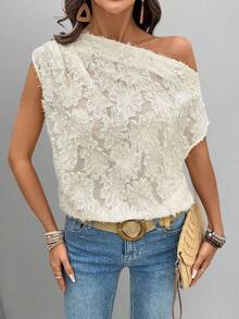 SHEIN LUNE Women's Textured Pleated Asymmetric Shoulder Loose Casual Elegant Blouse - Apricot - View 3