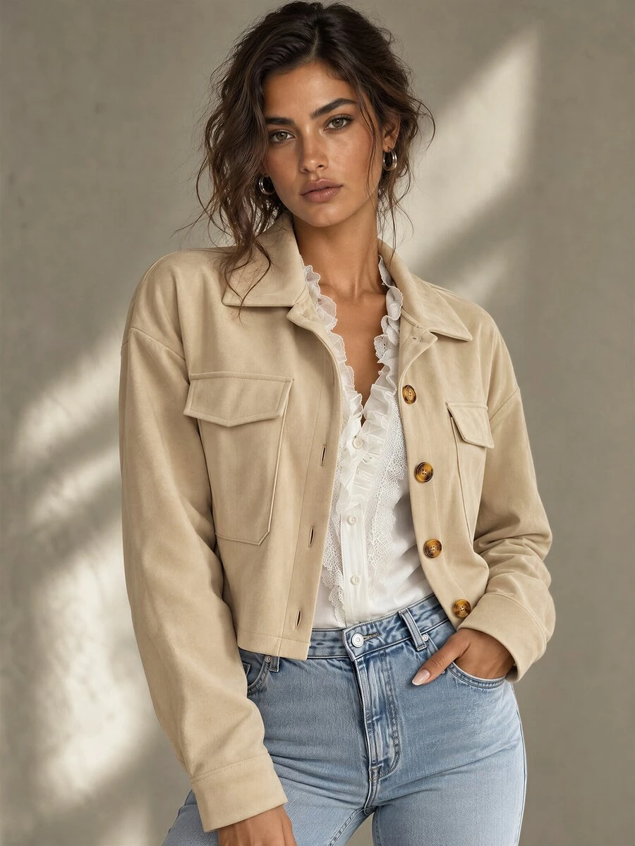 SHEIN Women's Vintage-Style Cropped Jacket In Beige Casual Piece Perfect For Daily Outings, Festivals, And Concerts; Ideal For Fall Travel Everyday - Khaki - View 1
